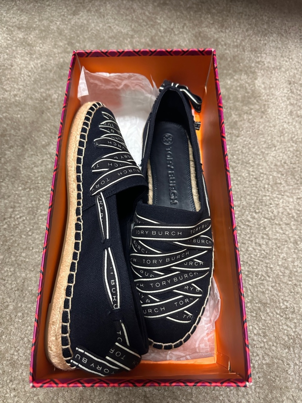 Tory Burch Perfect Navy and New Ivory Ribbon Espadrille Box Label